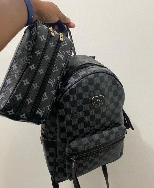 Set Mochila Dama + Neceser Estilo Premium Cuadros Negros
